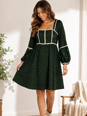 Madewell Embroidered Mini Dress | Forest Green Tiny Star Print | Size 2